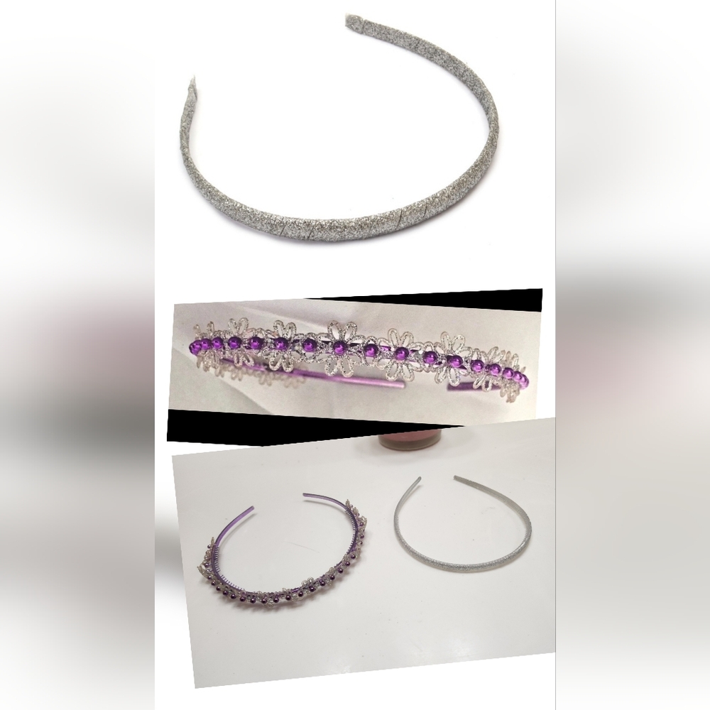 Set Of 2 purple floral bead and silver glitter headband.